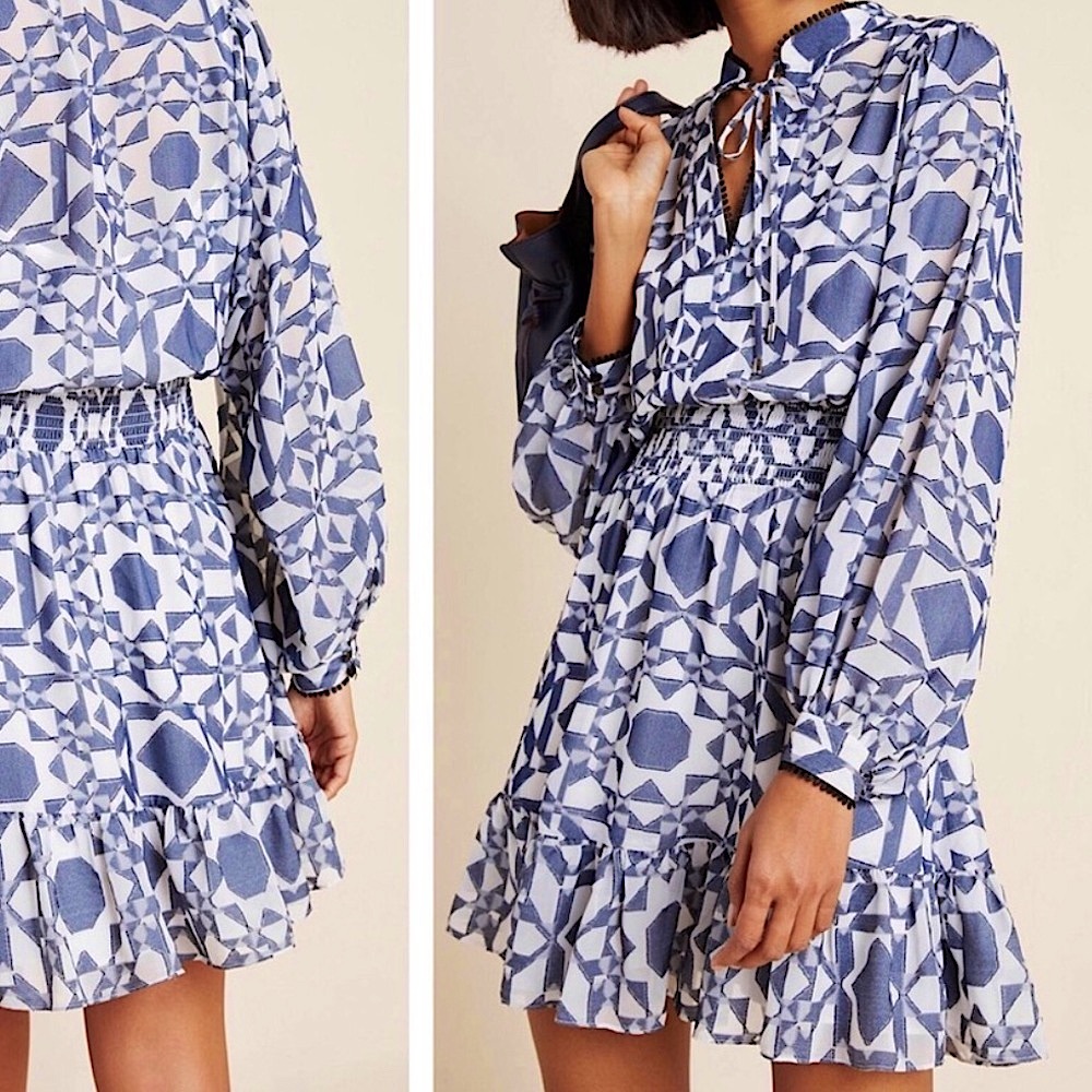 Anthropologie Shoshanna Smocked Waist Geometric Print Tiered Mini Dress NWT 10 - Picture 9 of 10